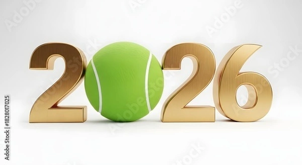 Fototapeta Golden year numbers 2026 with a tennis ball isolated on white background