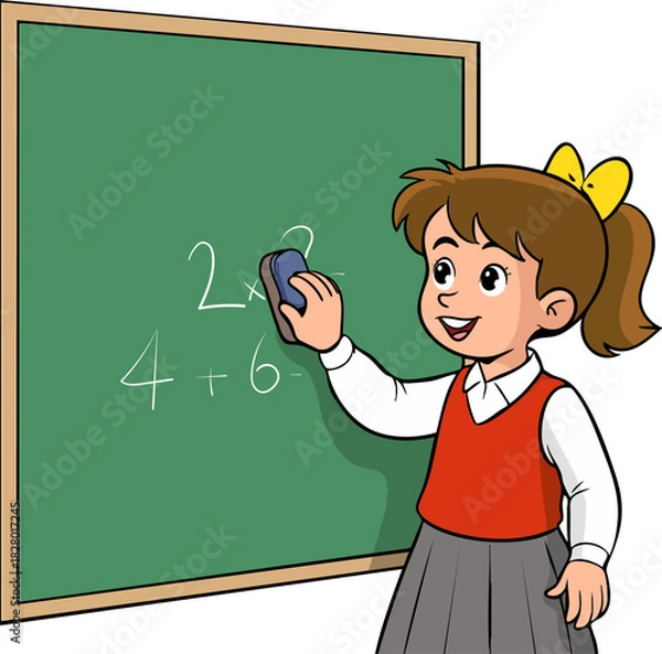 Fototapeta Vector illustration of cute schoolgirl erasing classroom blackboard.