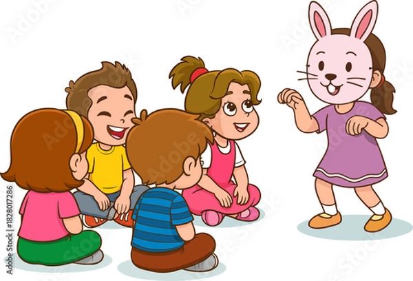 Fototapeta Vector illustration of children playing fun games together. A child wearing a bunny mask imitates a rabbit. Vector illustration.