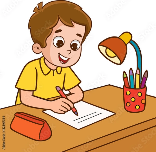 Fototapeta vector illustration of children studying at his desk.A child working on his homework at his desk. A child writing on a piece of paper.
