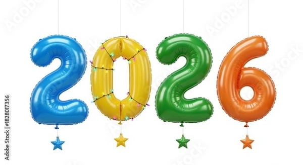 Fototapeta Colorful number balloons forming 2026 isolated on white background