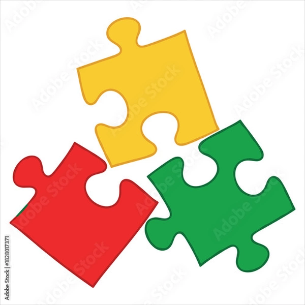 Fototapeta Bright yellow red green puzzle pieces, connecting, solution isolated on white background, Vector