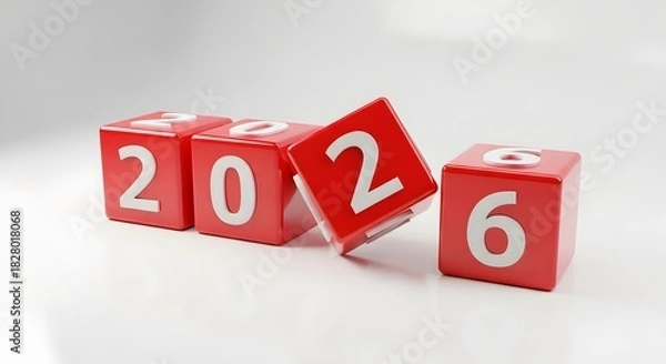 Fototapeta Red numbered blocks spelling out the year 2026 isolated on white background