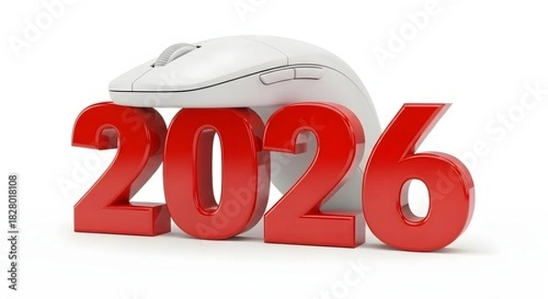 Obraz Computer mouse resting on red 2026 numbers isolated on white background