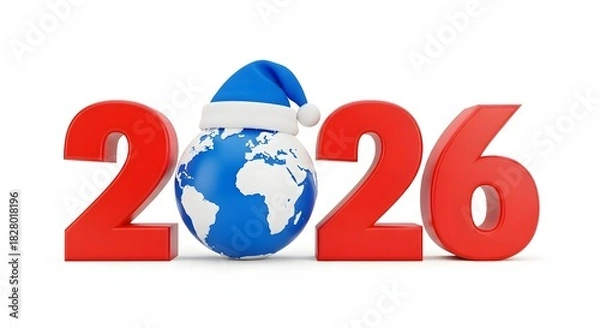Fototapeta Red 2026 numbers with a globe wearing a santa hat isolated on white background