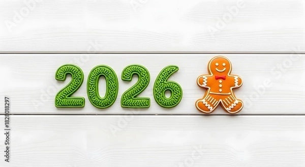 Fototapeta Green glitter numbers 2026 and gingerbread man isolated on white background