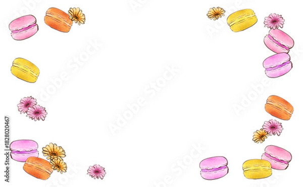 Obraz マカロンと花のフレームイラスト