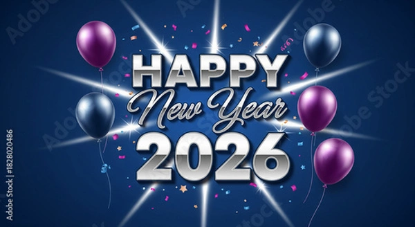 Fototapeta Happy new year 2026 celebration with shiny balloons and bright light streaks on a dark blue background