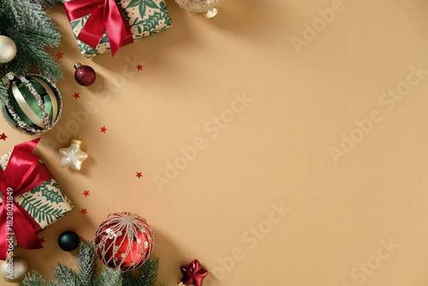 Obraz Elegant Christmas composition with gifts, pine, and ornaments on beige background. Flat lay, top view, copy space.
