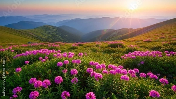 Obraz Scenic mountain meadow with blooming rhododendrons and sunlit peaks at dawn landscape nature