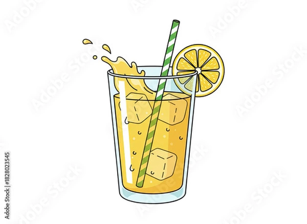 Fototapeta Pixel Art Refreshing Yellow Drink with Ice Cubes Lemon Slice and Green Straw Splash Detail Isolated on Transparent Background
