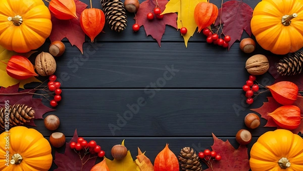 Fototapeta Rustic autumn frame featuring vibrant colorful leaves, pumpkins, and natural seasonal elements arranged on a dark wooden background, perfect for cozy fall designs
