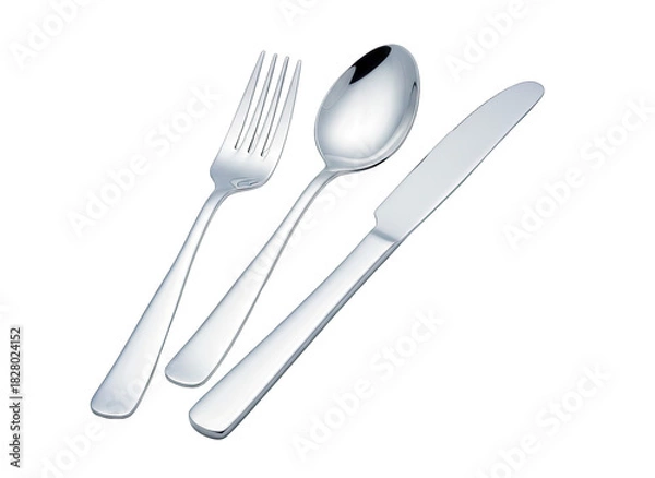Fototapeta Polished Silver Cutlery Set Including Fork Spoon and Knife Isolated on Transparent Background Clean Modern Utensils Ready for Dining Presentation