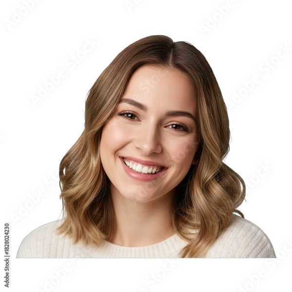 Fototapeta Portrait of a Smiling Young Woman with Wavy Brown Hair Wearing a Cozy White Sweater Isolated on a Transparent Background Showing Her Face and Shoulders with Soft Lighting