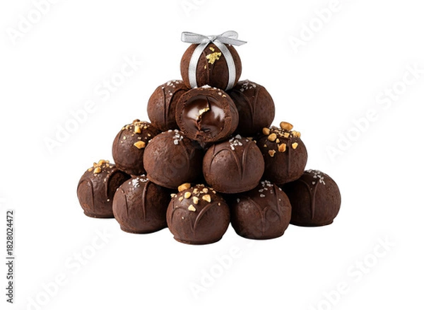 Fototapeta Pyramid of Dark Chocolate Truffles with Chopped Nuts and a Silver Ribbon on Top Isolated on Black