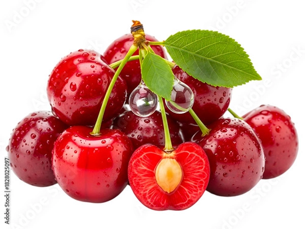 Obraz Fresh red cherries pile with water drops and a cut cherry half isolated on transparent background