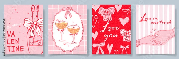 Obraz A set of Valentines Day cards. Modern design in a trendy retro hand-drawn doodle style champagne bottles, glasses, whimsical bows, hearts. Soft pink tones in banner, poster, cover, templates