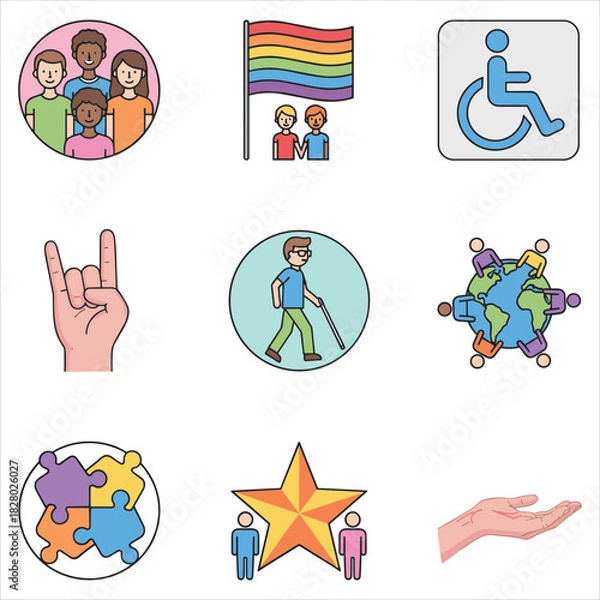 Fototapeta Modern icons of diversity, inclusion, equality, and human rights isolated on white background, Vector