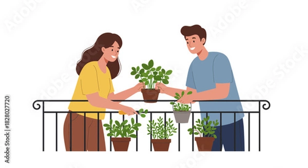 Obraz People tending plants on balcony