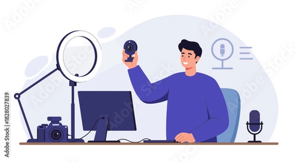 Obraz Man with Webcam next to Camera, Ring Light and Microphone