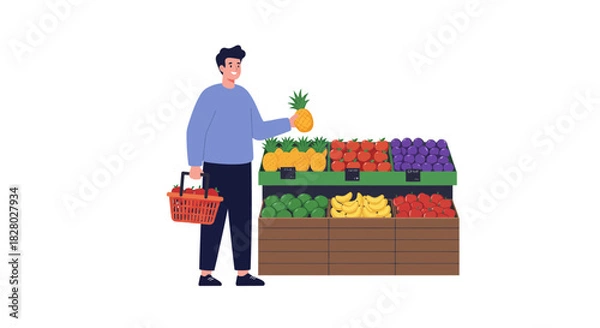 Obraz Man with pineapple and basket at produce stand