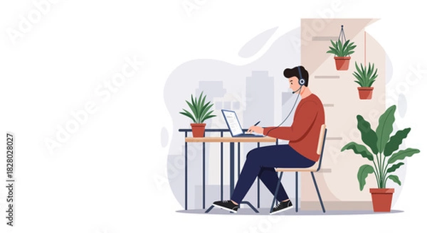 Obraz Man Works on Laptop With Headset and Indoor Plants