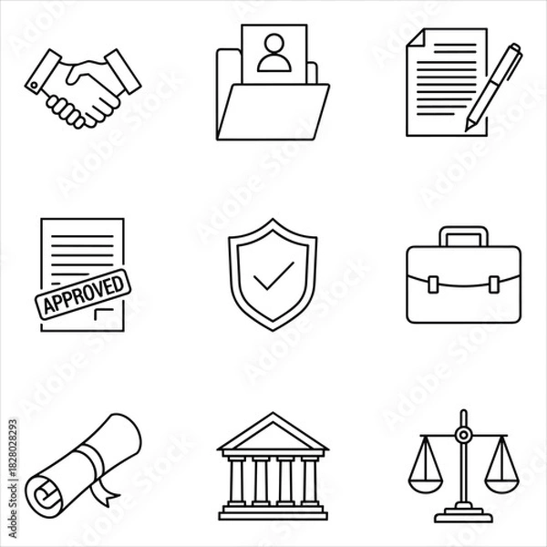 Fototapeta Law and business line icons: legal agreement, security, justice, records isolated on white background, Vector