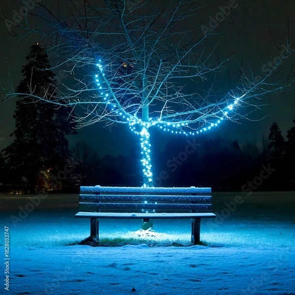 Obraz Winter night scene with a bench under a tree decorated with blue lights