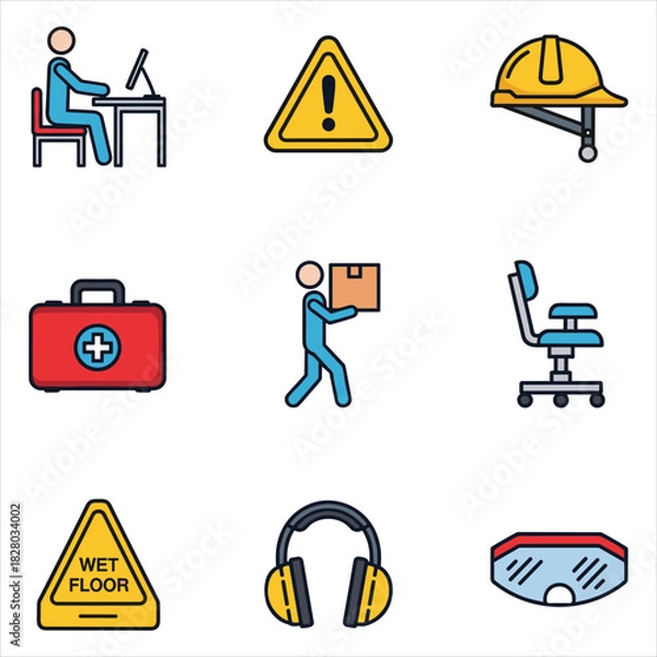 Fototapeta Safety, work, office, and industrial flat line icons vector set. isolated on white background, Vector