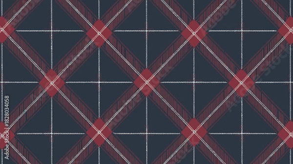 Obraz Dark navy and red plaid pattern with white stripes background