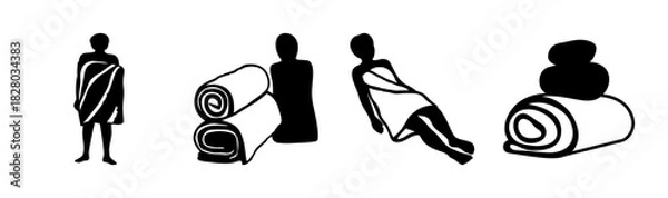Obraz Minimalist spa and relaxation icons: person wrapped in towel, rolled towels, and stones.