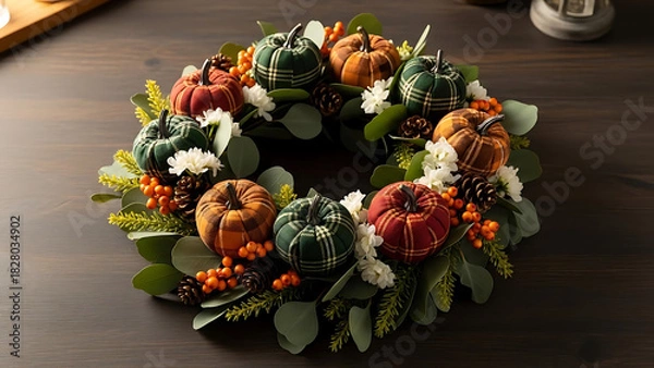 Fototapeta Decorative Autumn Wreath with Pumpkins, Leaves, and Berries for Seasonal Decor - Whisk_272eb29121d843d99c2403c35c6cf320dr