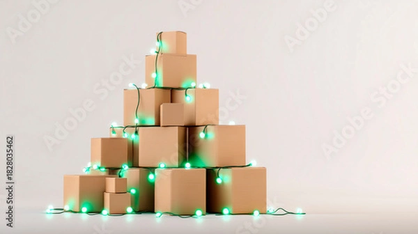 Obraz Cardboard boxes stacked in the shape of a pine tree with LED lights on a white background, Christmas e-commerce concept