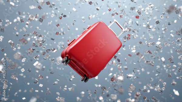 Fototapeta Red suitcase floating in the air surrounded by silver confetti, Christmas travel concept