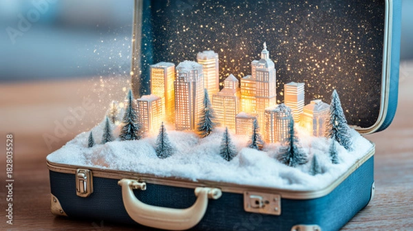 Fototapeta An open suitcase reveals a miniature winter city covered in snow inside, a concept for packing souvenirs