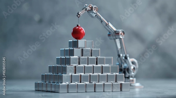 Obraz Robotic arm placing a red Christmas ornament on a pyramid of silver cubes, Christmas concept in precision engineering
