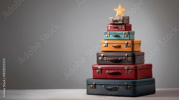 Fototapeta Stack of suitcases arranged like a Christmas tree with a star on top, Christmas travel concept
