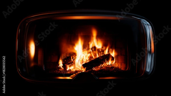 Fototapeta Virtual reality headphones that reflect the cozy fire of a fireplace on the front panel, a concept of digital comfort in a nonexistent reality