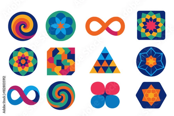 Fototapeta Psychedelic Geometry Icons. Flat vector icons of Psychedelic Mathematics: fractal spiral, sacred geometry flower, infinity loop,