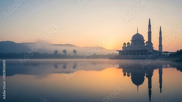 Obraz Serene sunrise over Putra Mosque reflected in tranquil waters, perfect for travel brochures or peaceful meditation guides