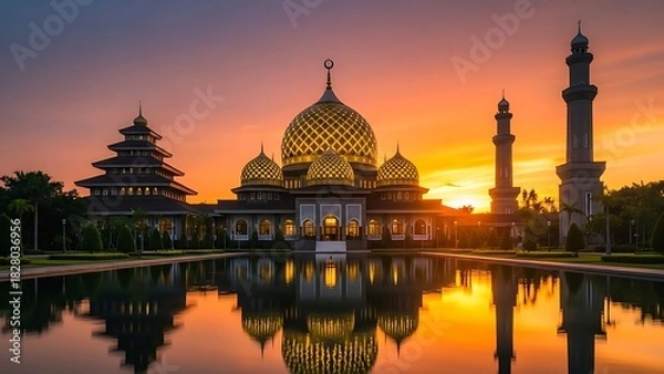 Obraz Stunning golden mosque architecture reflecting in tranquil water at sunset, perfect for travel and cultural projects