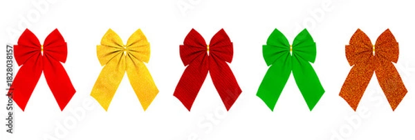 Obraz Horizontal set of five isolated holiday bows in red, gold, and green, featuring both glitter and fabric textures, ideal for Christmas, seasonal decoration, banners, or gift wrapping elements