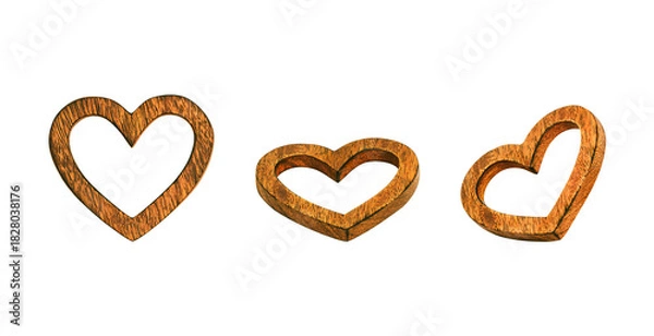 Obraz Set of three isolated wooden heart frames shown from different angles, featuring natural grain texture, perfect for Valentine's Day, rustic decor, love themes, and craft projects