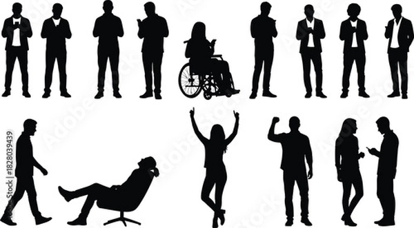 Obraz Silhouette activity illustration, diverse human poses and gestures, wheelchair and walking figures, social interaction concept, vector drawing art