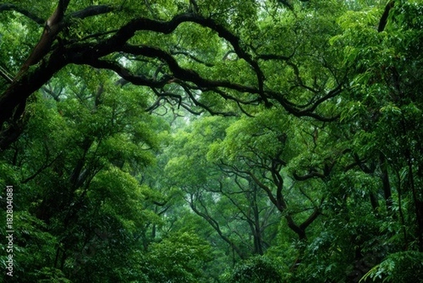 Fototapeta Exploring the vibrant green forest canopy filled with lush trees in an enchanting natural setting during daylight hours