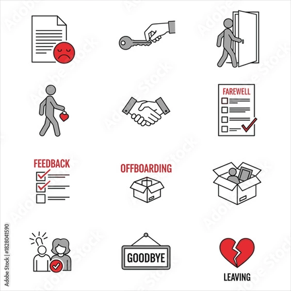 Fototapeta Workplace exit and employee offboarding concept line icons isolated on white background, Vector