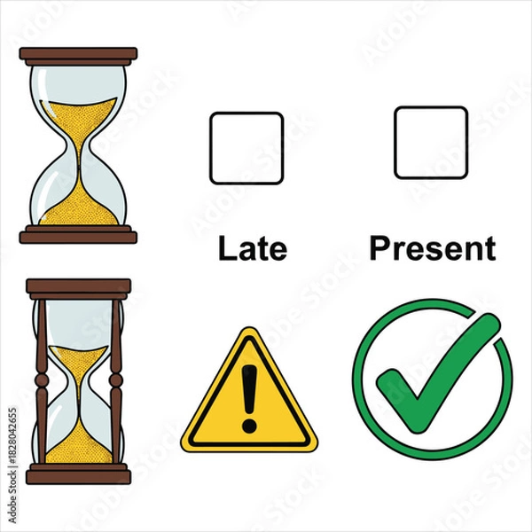 Fototapeta Time management, deadlines, process, warning, and completion symbols. isolated on white background, Vector