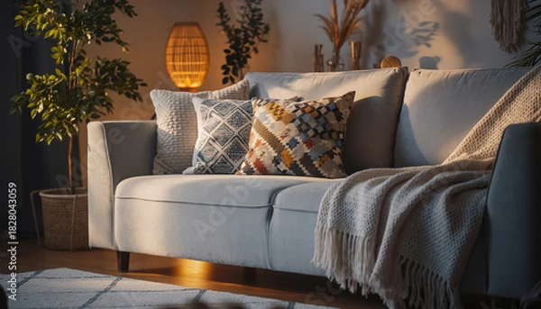 Obraz Luxury living room interior design with comfortable sofa, pillows, and decorative floor lamp in an upscale apartment