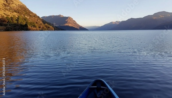 Obraz Scenic nature landscape view of a blue mountain lake in the morning with clouds and sky