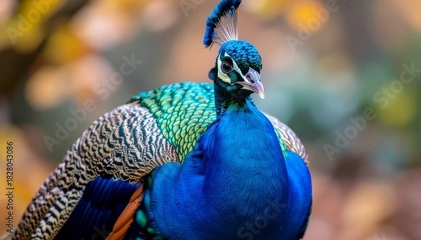 Fototapeta Beautiful closeup portrait of a colorful blue and green peacock with its bright tail feathers out in a zoo